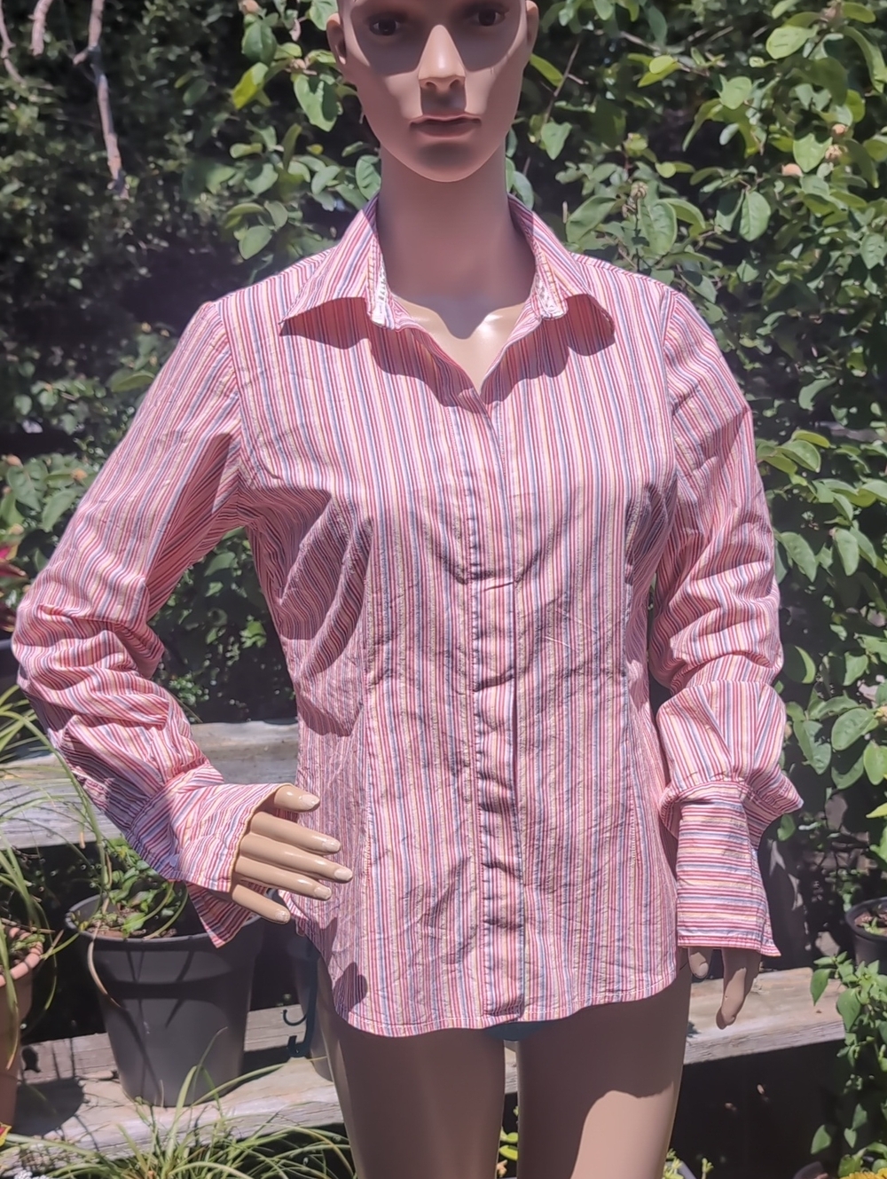 Fitted Pink Multi-Stripe Button-Down Shirt Cotton Shirt With French Cuffs